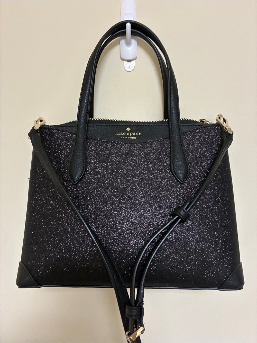 kate spade Black Glitter Leather Satchel with Gold Hardware